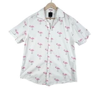 Denim & Flower Flamingo Button Front Slim Fit Casual Short Sleeve Shirt Large